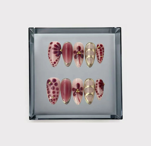 Maroon Floral Long Press On Nails