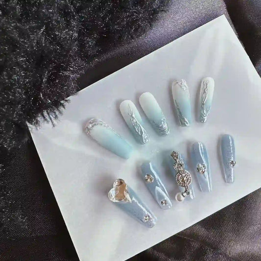 Long Blue Ombre Long Nails