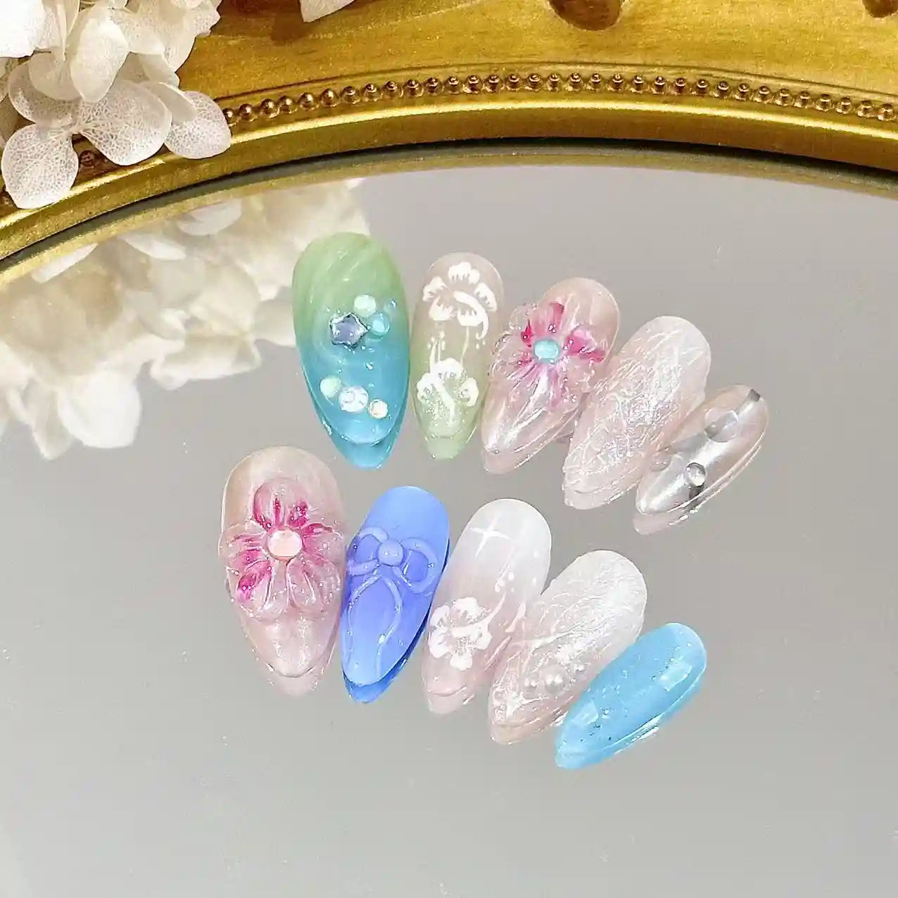 Colour Floral Long Press On Nails