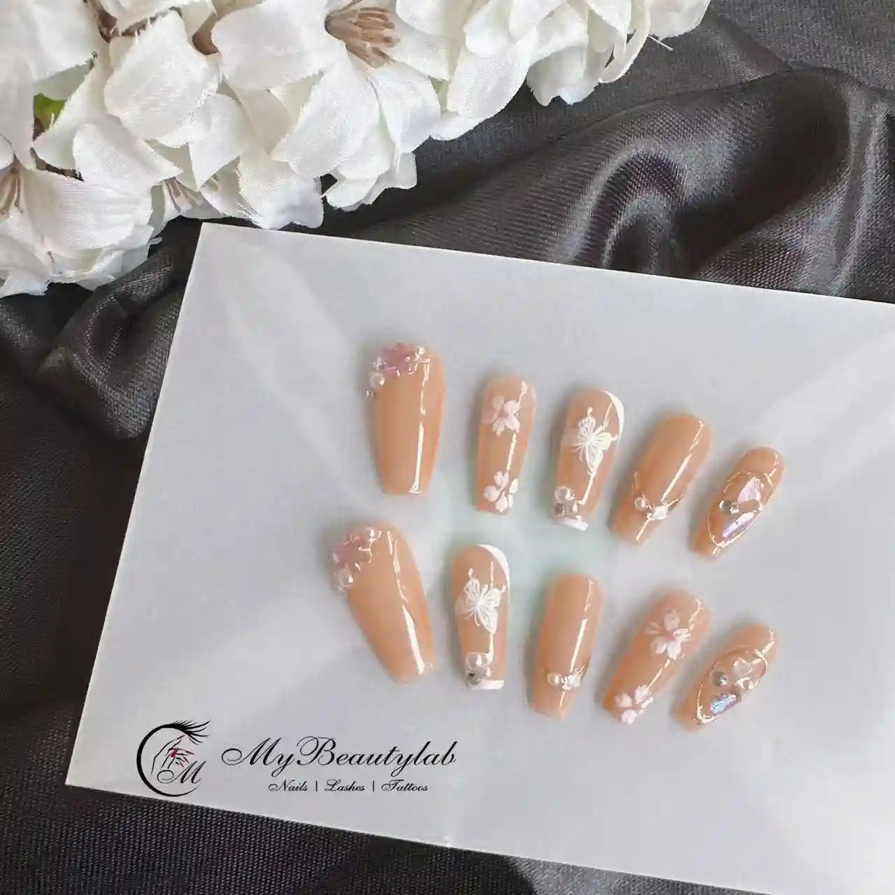 Apricot Butterfly Flower Print Long Press On Nails