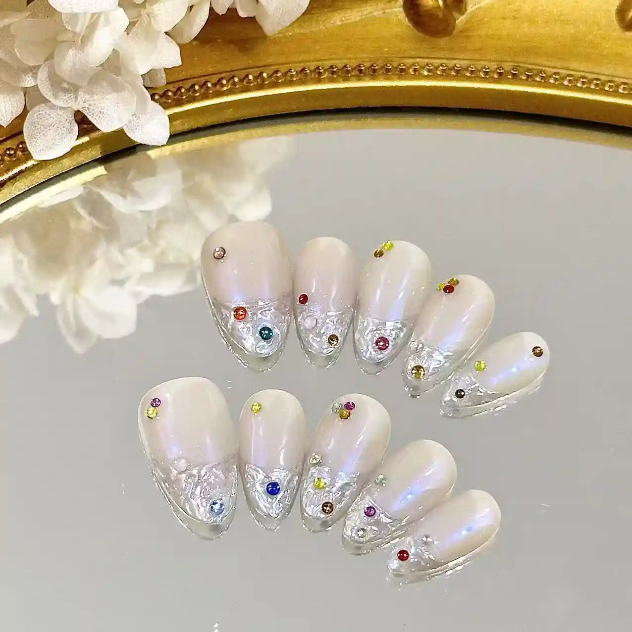 Gems over Glazed Sliver French Long Press On Nails