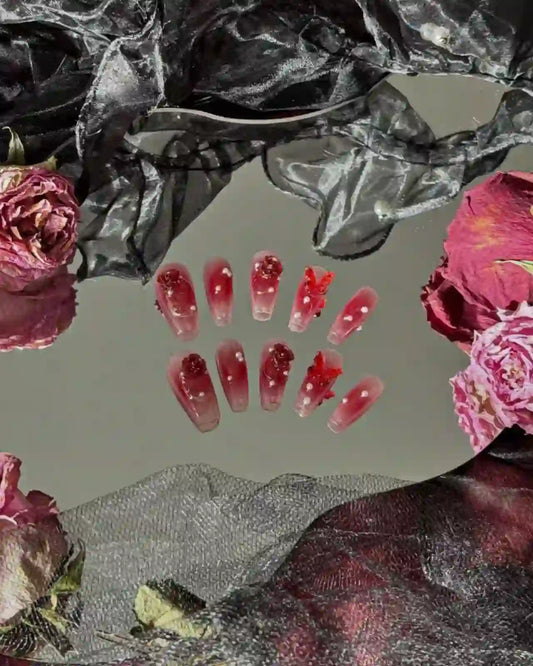 Gold Dazzled Red Roses Long Press On Nails