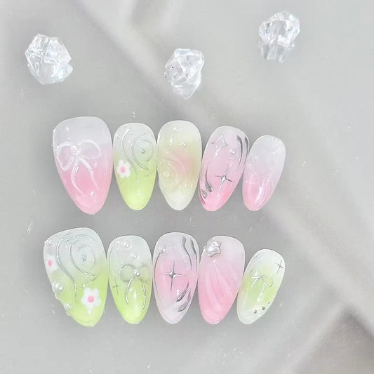 Blush Green Ombre Long Press On Nails