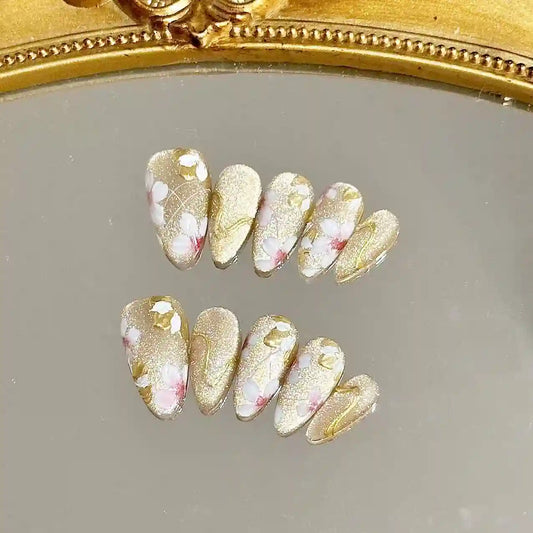 Golden Sakura Long Press On Nails