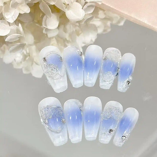 Blue Blush Long Press On Nails