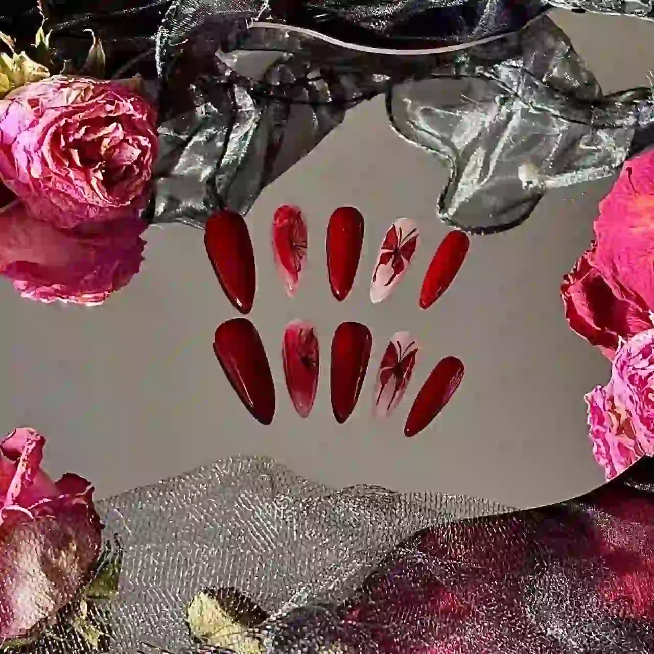 Crimson Whisper Long Press On Nails