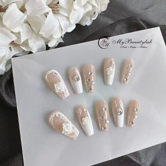 Nude French Floral Press On Nails