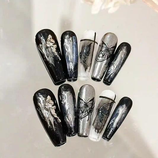 Midnight Liquid Silver Long Press On Nails